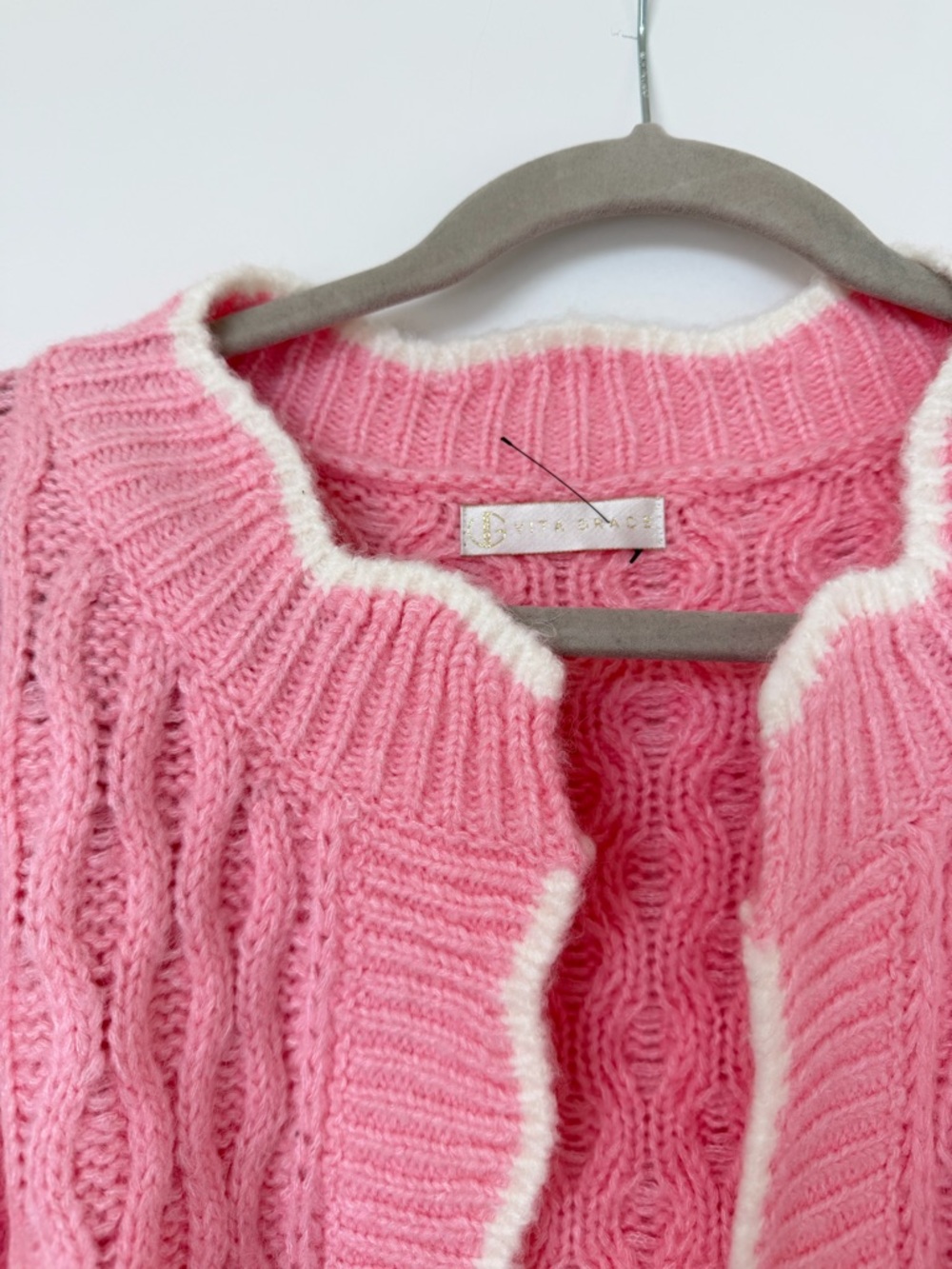 Vita Grace ‘Fancy’ Pink Orange Contrast Scallop-Trim Mohair Knit Cardigan - Picture 3 of 5